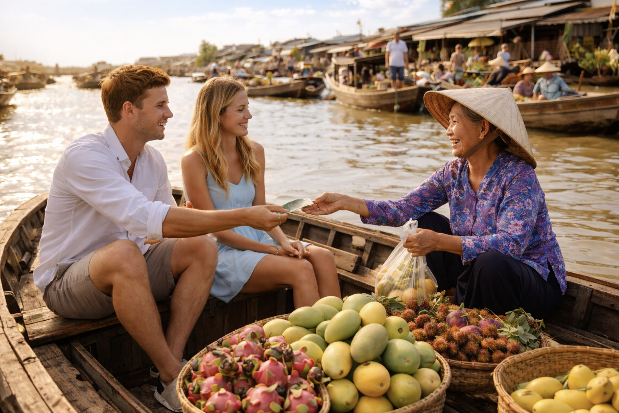 Due giovani turisti acquistano frutta da una venditrice vietnamita su una barca nei mercati galleggianti del Mekong.