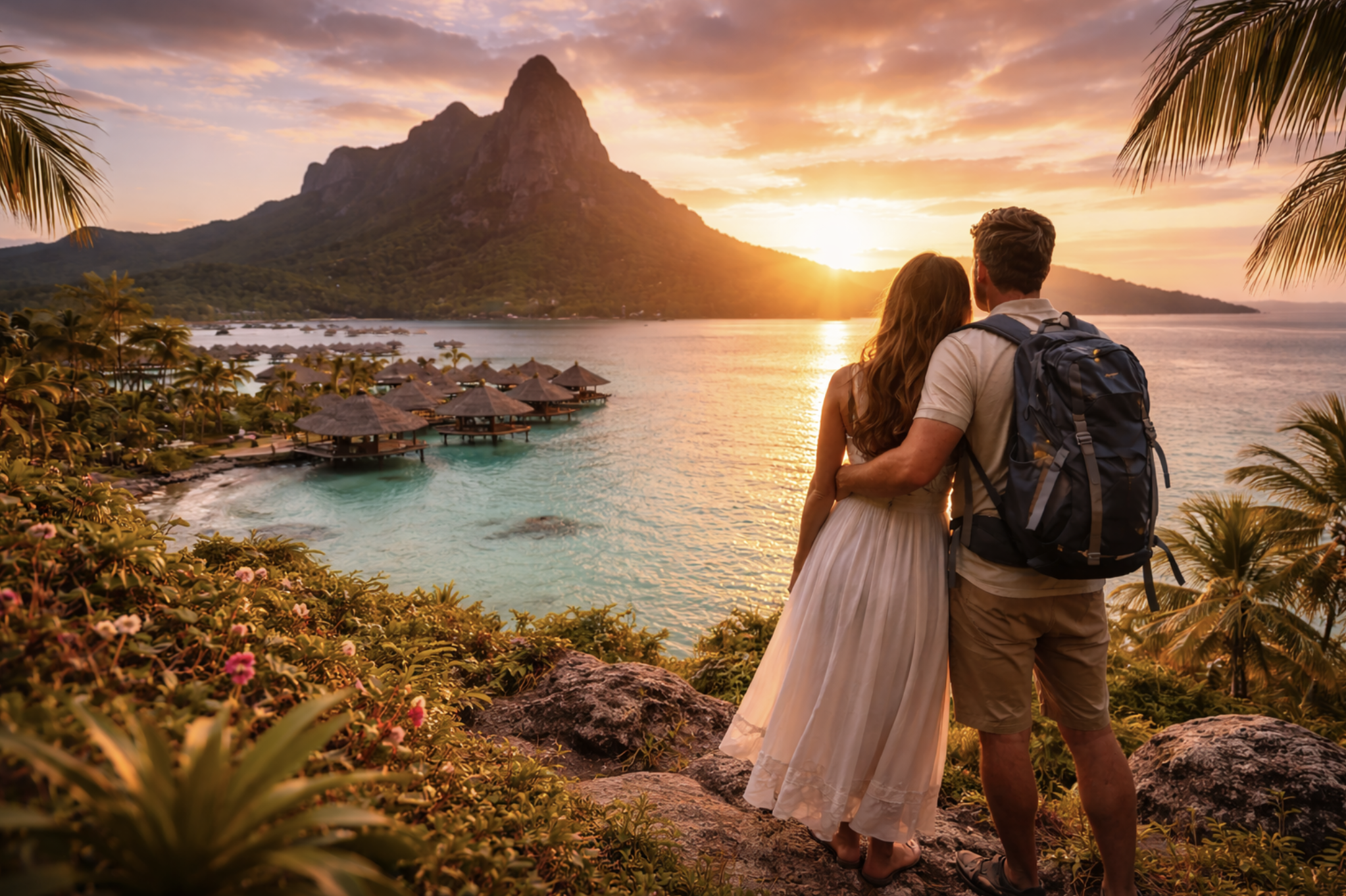 Una coppia di sposi che guarda il tramonto sulla spiaggia di un'isola tropicale con montagne, palme e bungalow sull'acqua.