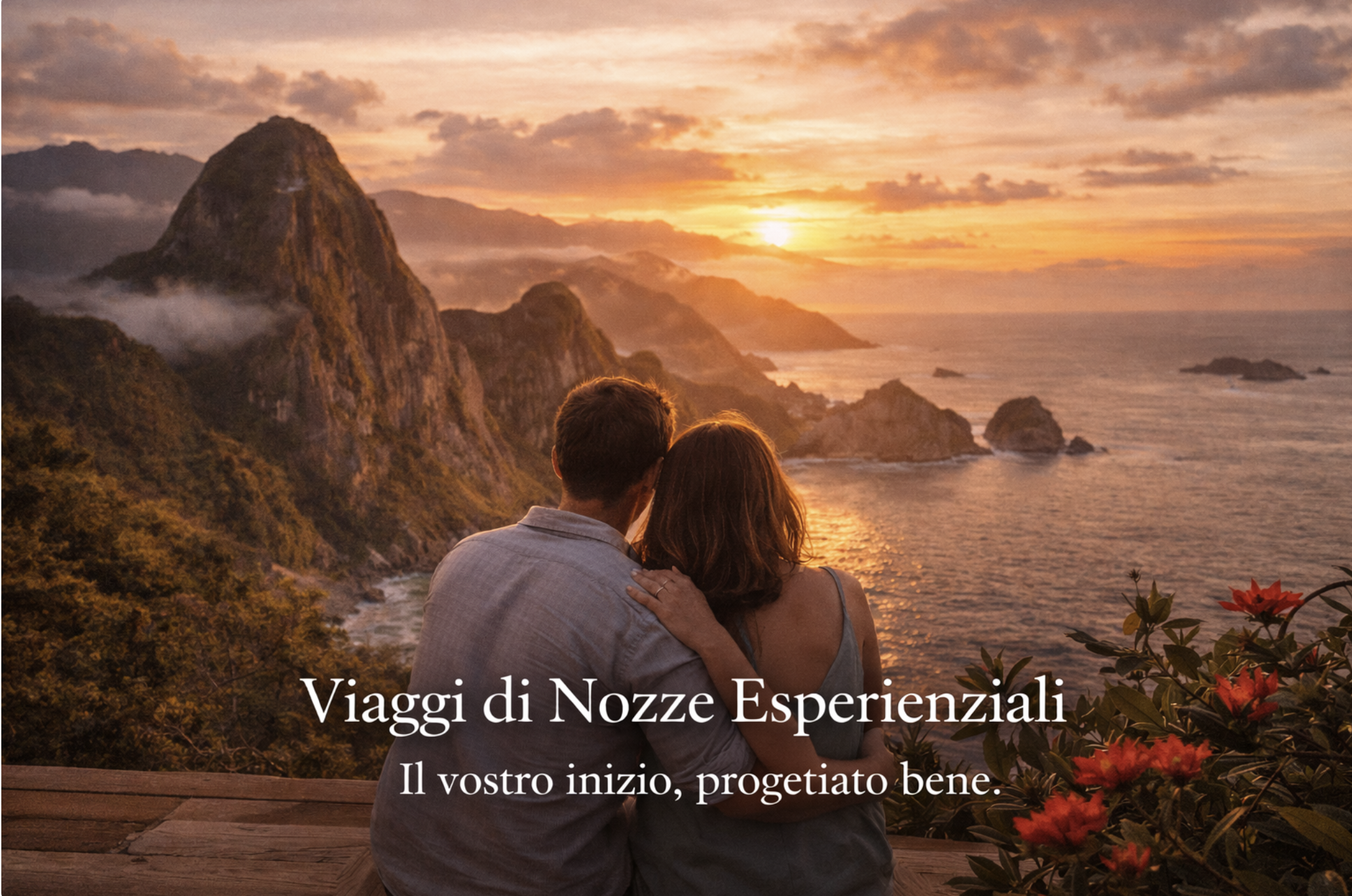 Una coppia che guarda il tramonto sul mare dalle scogliere, con un paesaggio di montagne e il cielo colorato di arancione e rosa, ovunque ci sono fiori rossi e vegetazione verde.