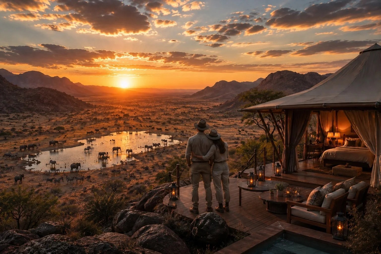 Una coppia di persone con cappelli si abbraccia, osservando un tramonto sulle savane africane, con elefanti presso un lago. Sulla destra c'è una tenda di lusso con ambientazione accogliente, luci e mobili eleganti.