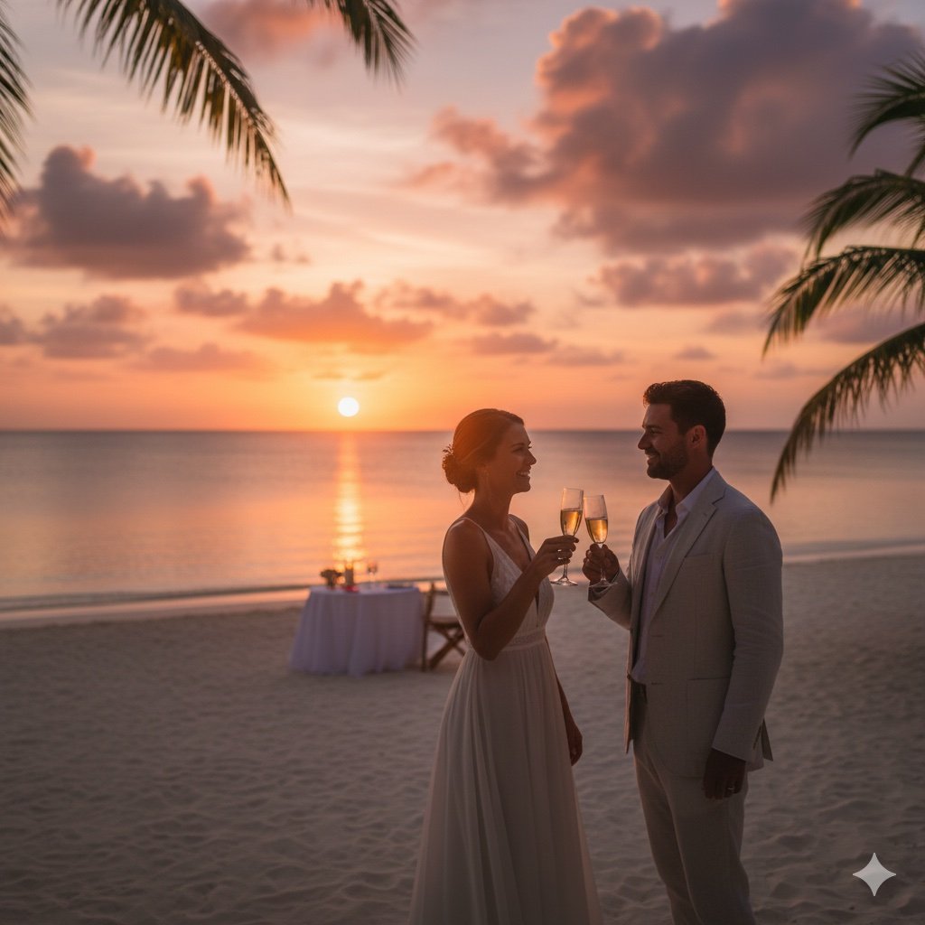 Una coppia si sposa sulla spiaggia al tramonto, sorseggiando champagne, con palme e un tavolo decorato sullo sfondo.