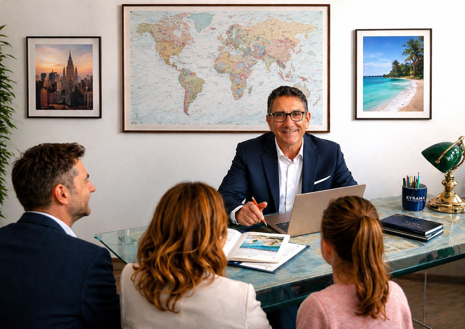 Un uomo in giacca e cravatta seduto dietro una scrivania, che sorride e conversa con tre persone sedute di fronte, in una sala riunioni decorata con un grande mappamondo e altre fotografie di paesaggi.