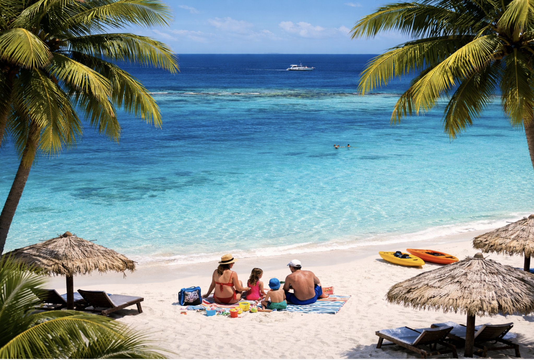 Spiaggia tropicale con palme, persone che si rilassano, acqua cristallina e barca a vela in lontananza