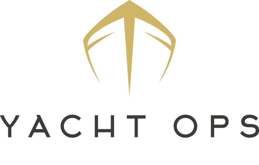 Gold and black logo of a yacht with the words 'Yacht Ops' underneath.