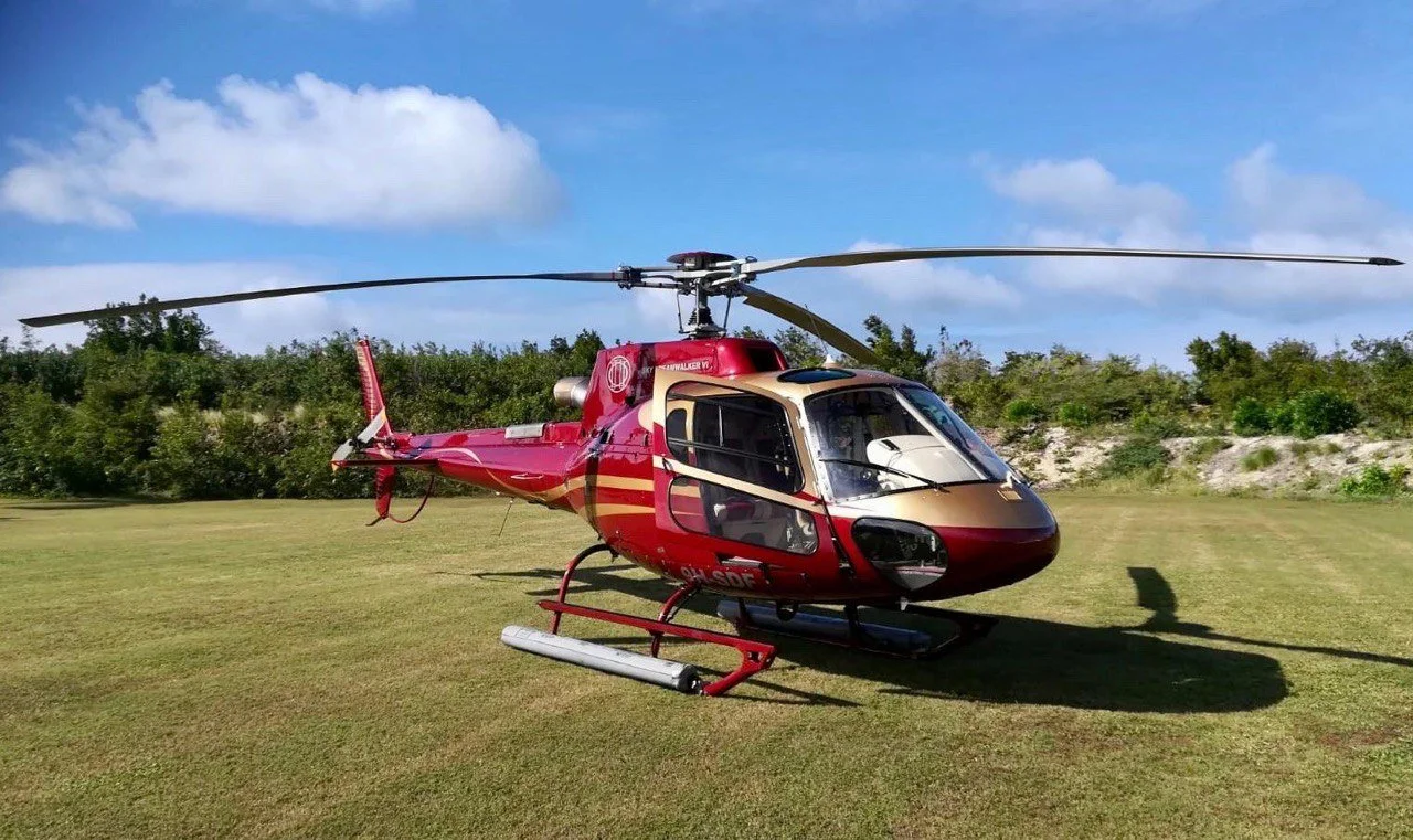A red and gold helicopter parked on a grassy field with a blue sky and clouds in the background.
