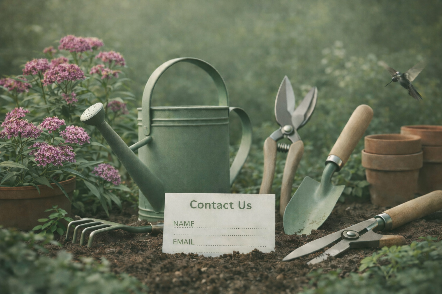 Gardening tools, potted flowers, and a 'Contact Us' sign in a garden bed.