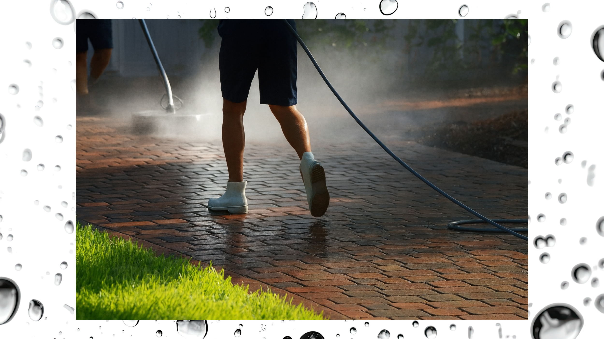 People pressure washing a brick pathway on a sunny day, with one person's legs visible wearing shorts and white boots.
