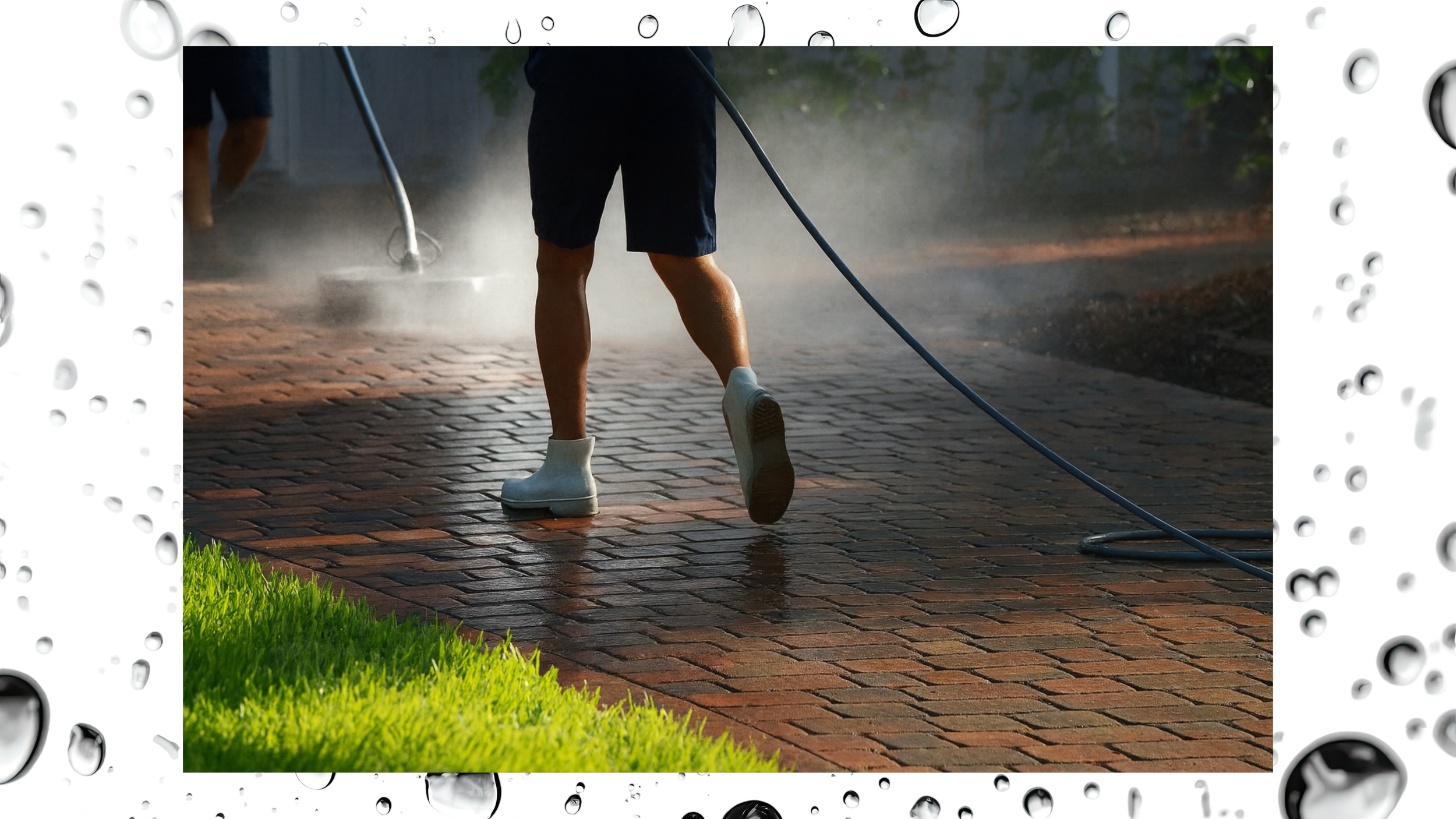 Person pressure washing a brick sidewalk outdoors, wearing white boots, black shorts, and black shirt, with a garden and grass in the background.