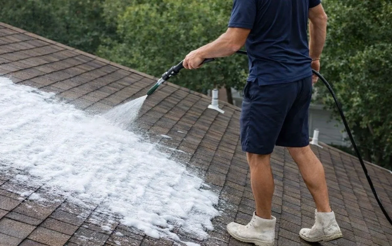 Person power washing a roof with soap and water