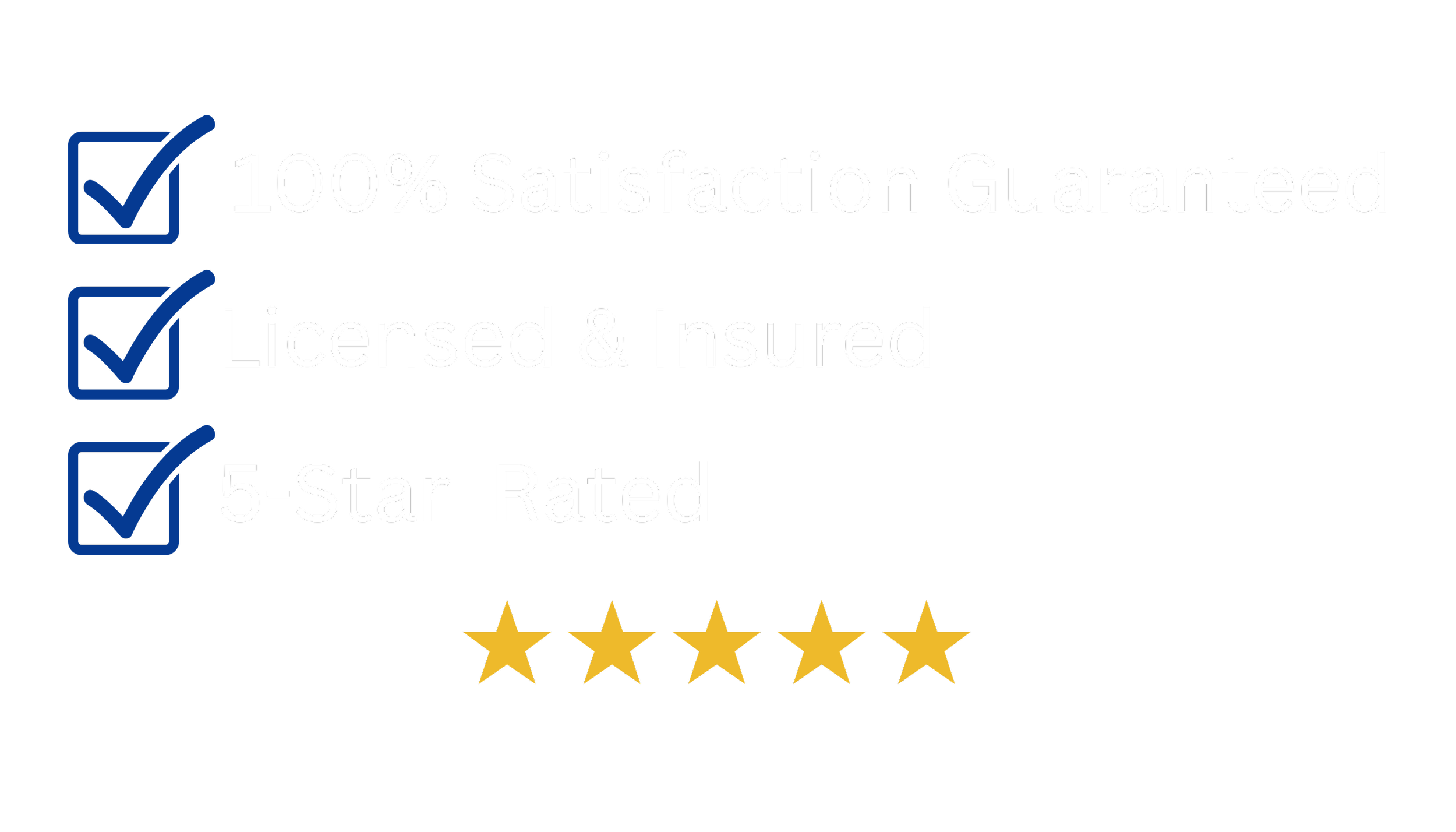 Checklist with three blue checkmarks next to the phrases 100% Satisfaction Guaranteed, Licensed & Insured, 5-Star Rated, and five gold stars underneath.