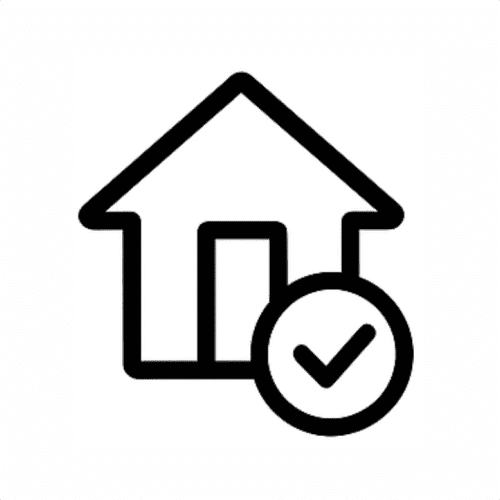 Outline of a house with a checkmark inside a circle in front of it.