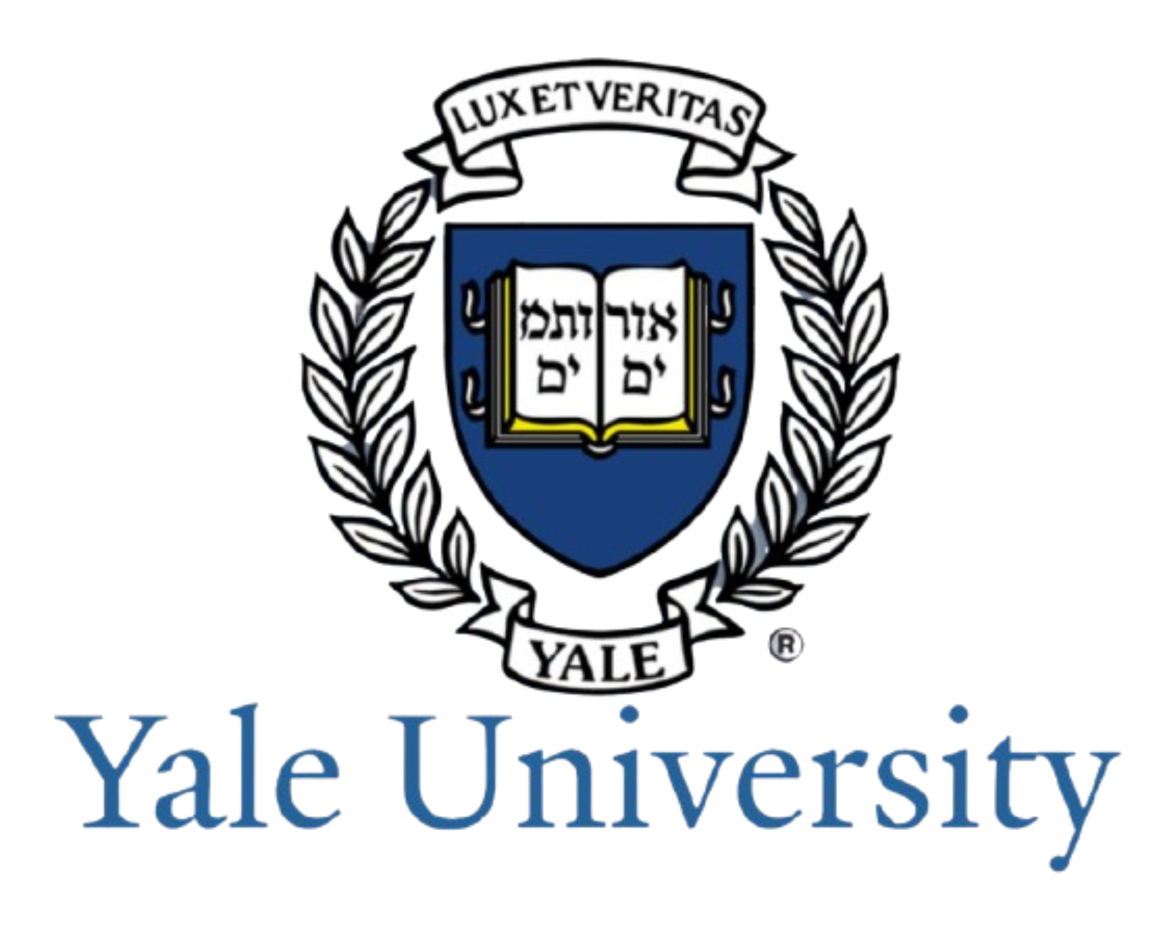 Yale University seal with a blue shield, an open book with Hebrew text, surrounded by a laurel wreath, with the words 'LUX ET VERITAS' on a banner at the top and 'YALE' at the bottom, and the words 'Yale University' below the seal.