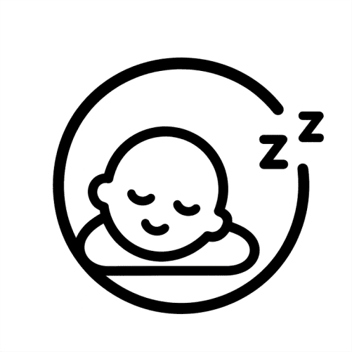 Line drawing of a sleeping baby with closed eyes, smiling, resting on its arms, with three Z's indicating sleep.