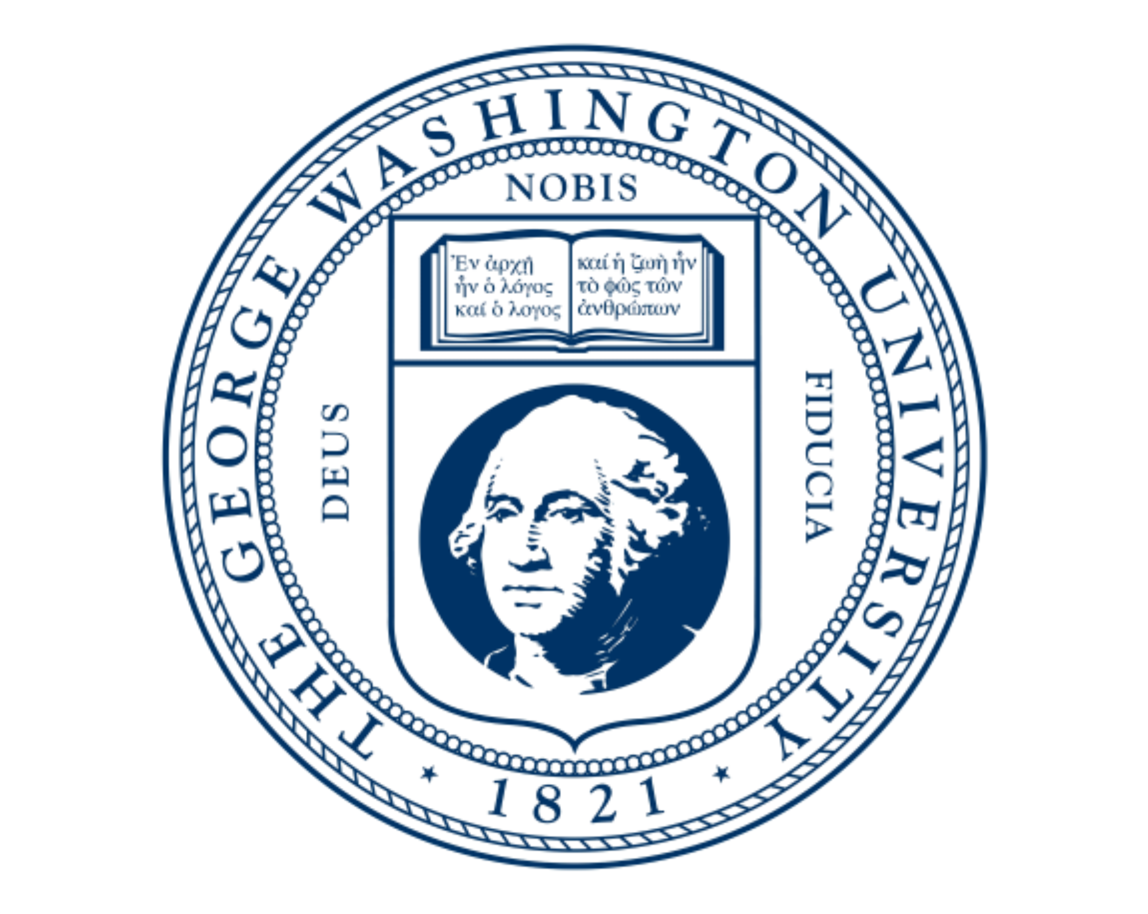 Seal of the University of Washington featuring a profile of George Washington, a book with Greek text, and the year 1821.
