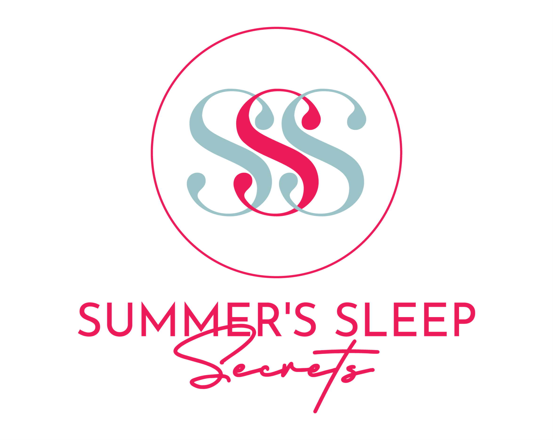 Logo for Summer's Sleep Secrets, featuring three interwoven S shapes in blue and red within a pink circle, and the text 'Summer's Sleep Secrets' below in pink.