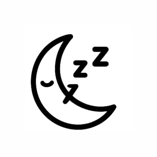 A line drawing of a crescent moon with closed eyes and Z's indicating sleeping, representing sleep or nighttime.
