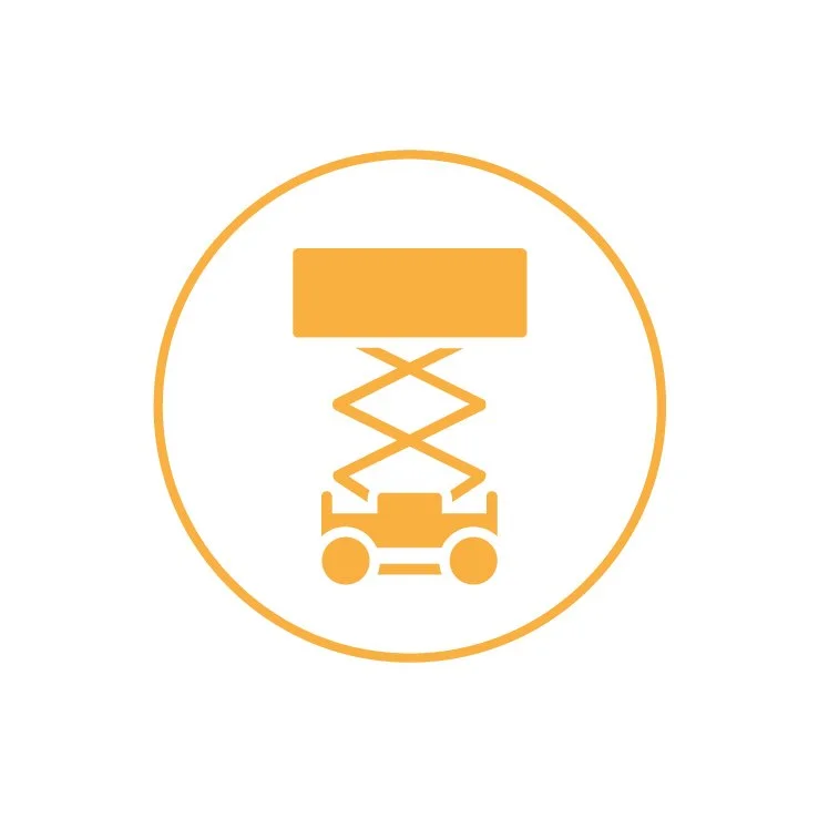Ein orangefarbenes Symbol eines Hebebocks in einem Kreis, das einen hydraulischen Wagenheber darstellt.