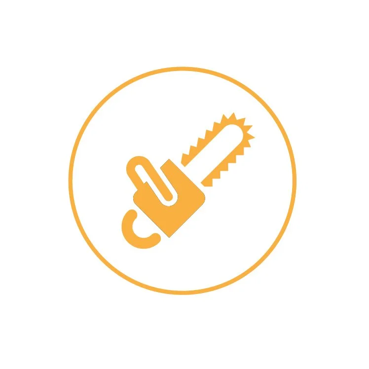 Symbol eines Handschuhs und einer Kettensäge, die für Sicherheitsschutz bei der Arbeit stehen