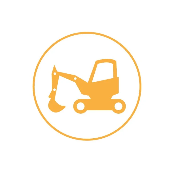 Symbol eines Baggermaschine in orange, umgeben von einem Kreis.