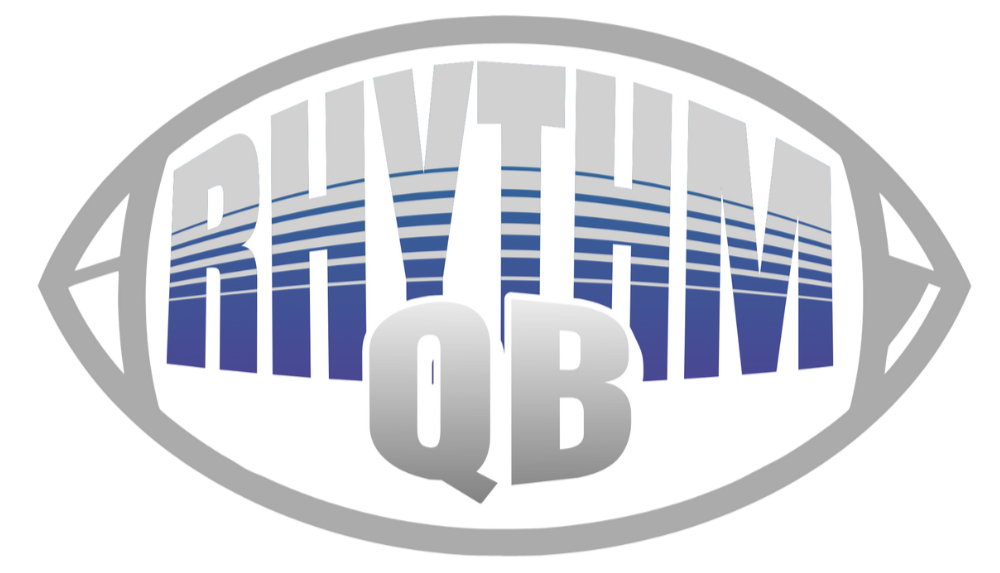 Logo featuring a football shape with the words 'RHYTHM QB' in stylized font inside, with the letters extending vertically.