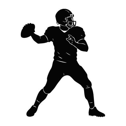 Silhouette of a football quarterback in a throwing stance holding a football.