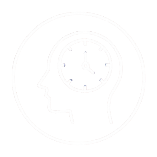 Outline of a human head with a clock inside it, representing time or thinking.