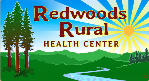 Sign for Redwood's Rural Health Center featuring trees, mountains, a river, sun with rays, and blue sky.