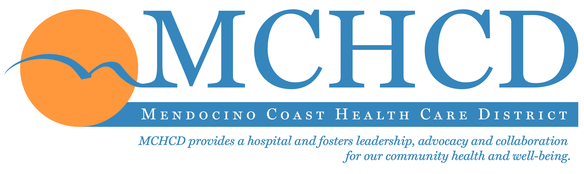 Logo of Mendocino Coast Health Care District with an orange circle and blue text including a wave graphic.