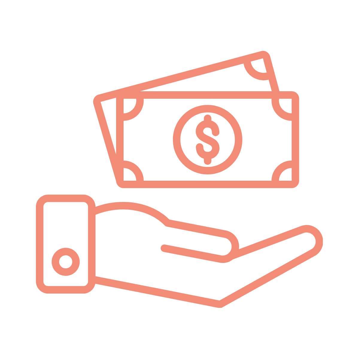 Line-art icon of a hand holding dollar bills
