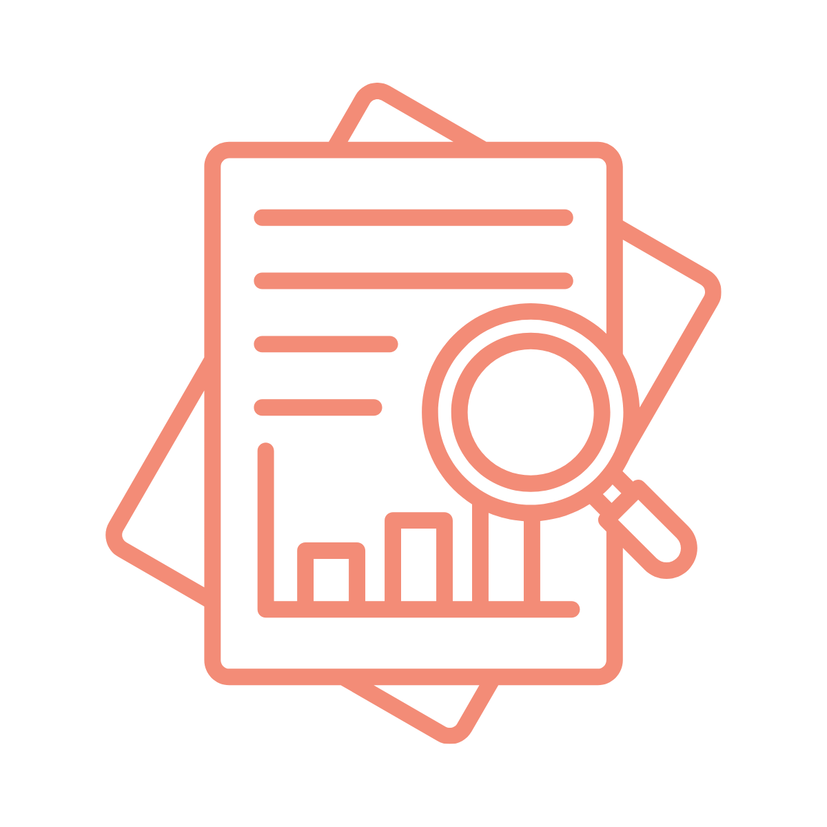 Line-art icon of papers with charts and a magnifying glass