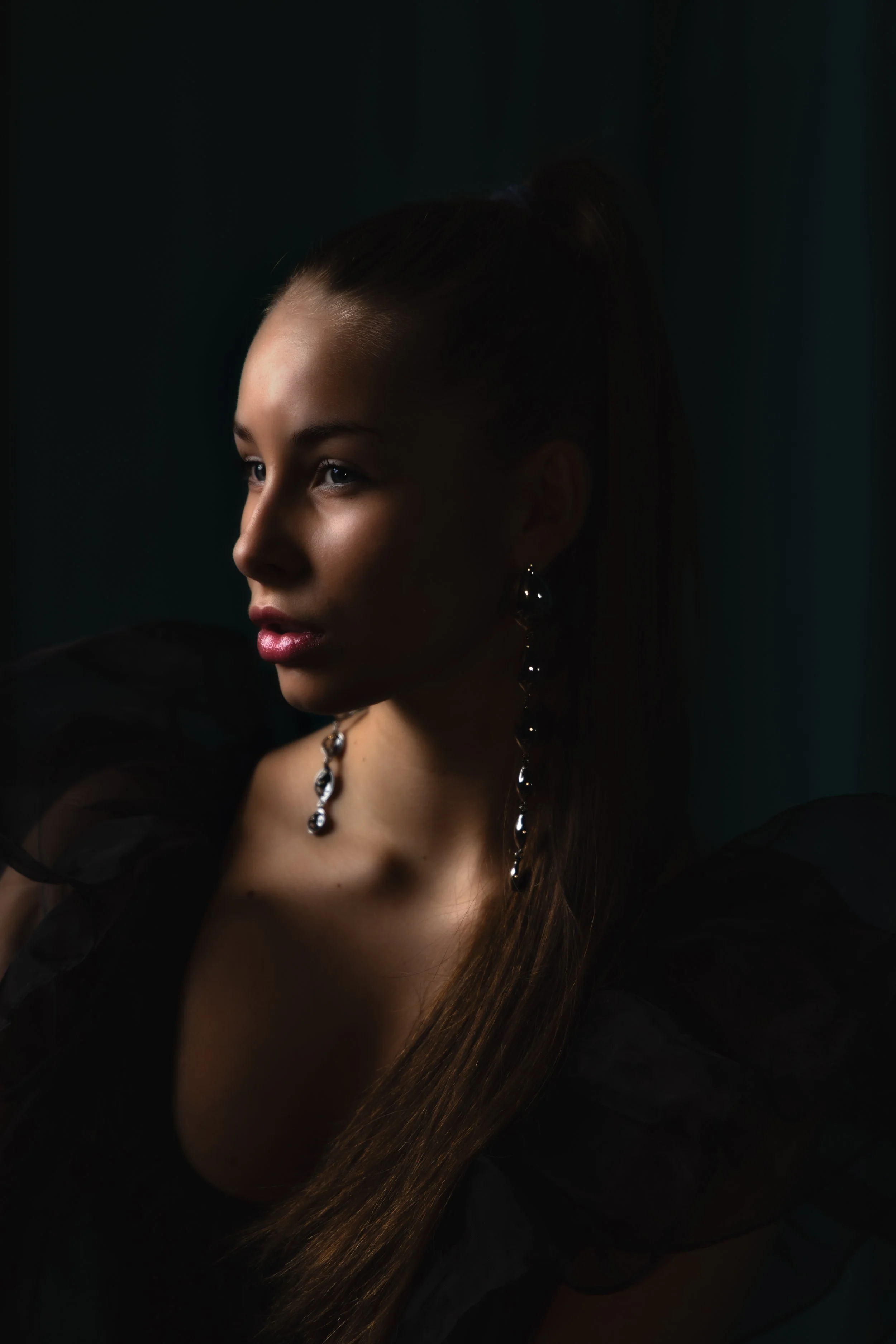 A young woman with long brown hair and earrings looking to the side, wearing a black sheer dress with ruffled sleeves, in a dimly lit setting.