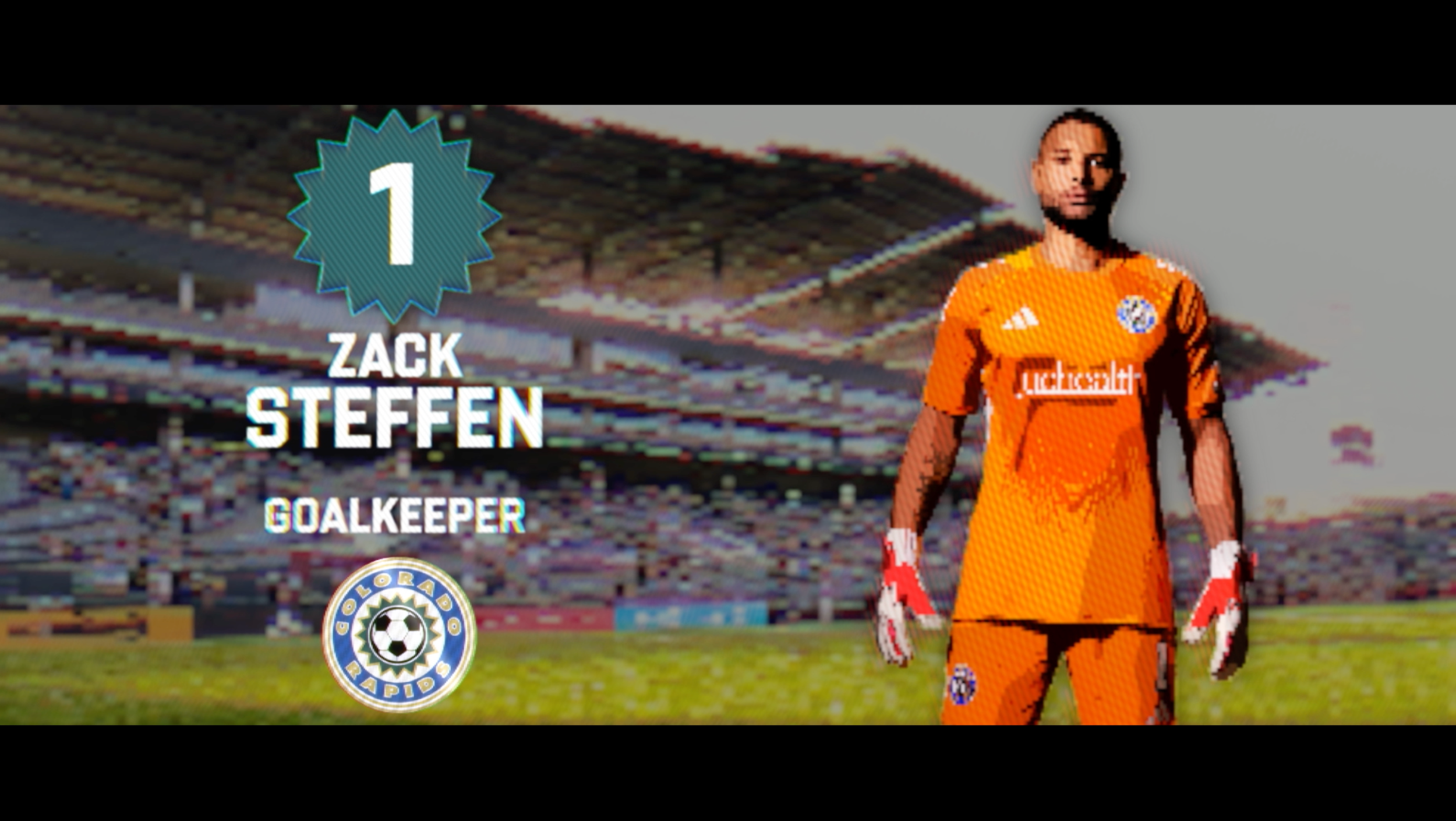 Soccer goalkeeper Zac Steffen in orange uniform standing in a stadium with text overlay indicating first place, his name, and the Colorado Rapids team logo.