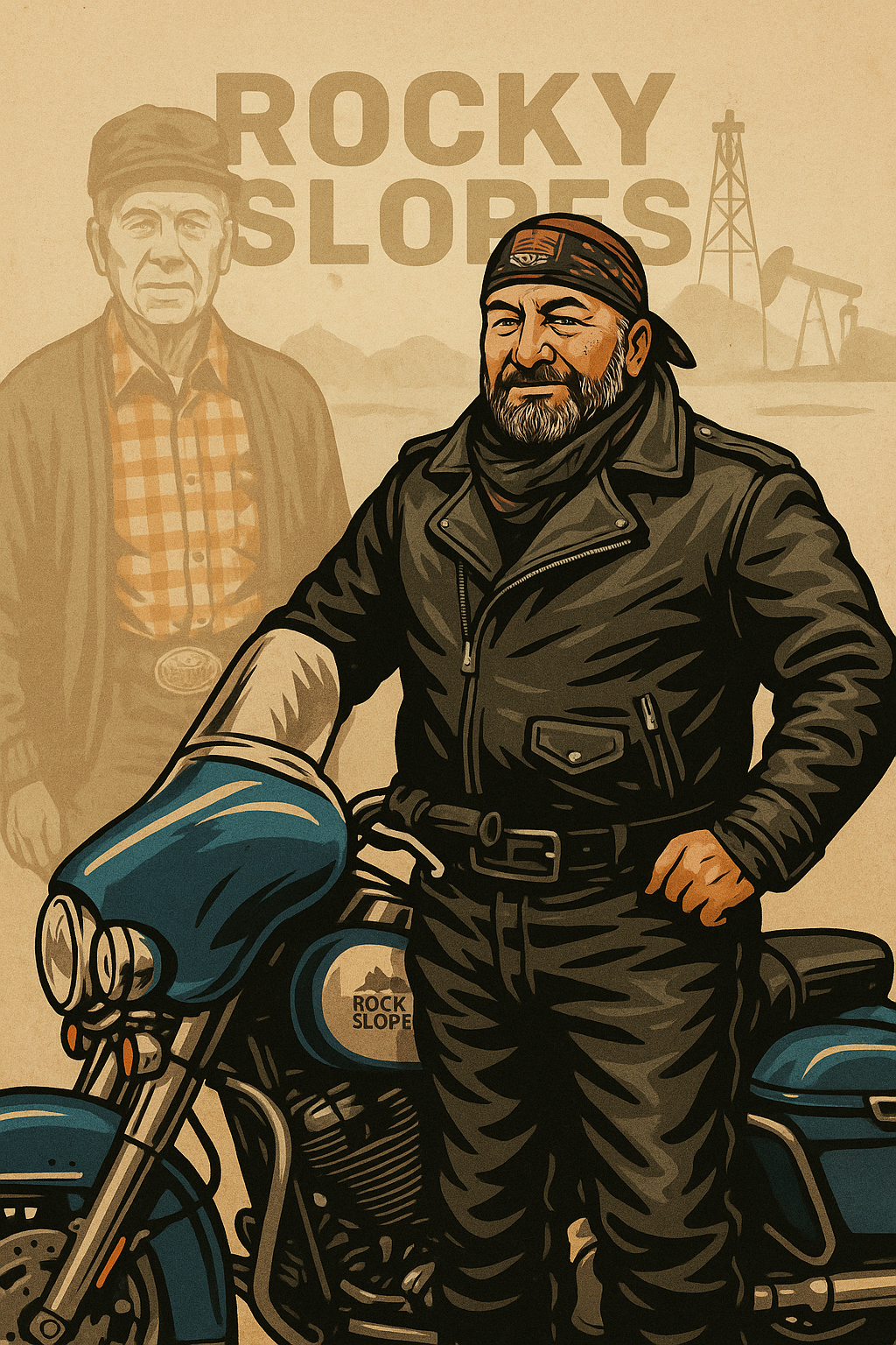Illustration of two men, one standing beside a motorcycle with a "Rocky Slope" logo on the tank; the man in front has a beard, bandana, black leather jacket, and stance with one hand on the motorcycle handlebar, while the older man in the background wears a cap, plaid shirt, and vest, set against a desert landscape with oil drilling rigs and the text "Rocky Slope" in the background.