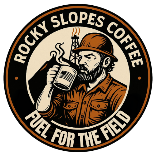 Logo for Rocky Slopes Coffee featuring a man in a cap drinking coffee, with a mountain and an industrial tower in the background.