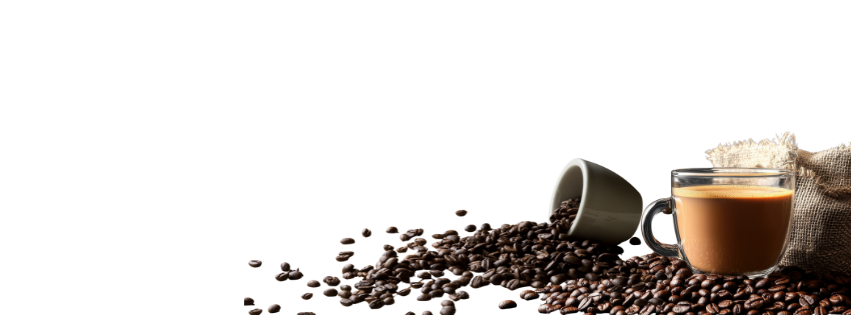 A cup of coffee and scattered coffee beans with a small burlap sack.