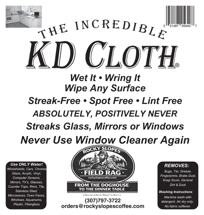 Product packaging for 'KD Cloth,' a cleaning cloth by Rocky Slopes Field Rag. The label promotes its ability to clean surfaces without streaks, spots, or lint, and advises against using window cleaners. Contains instructions to use only water and provides contact information for Rocky Slopes Coffee.