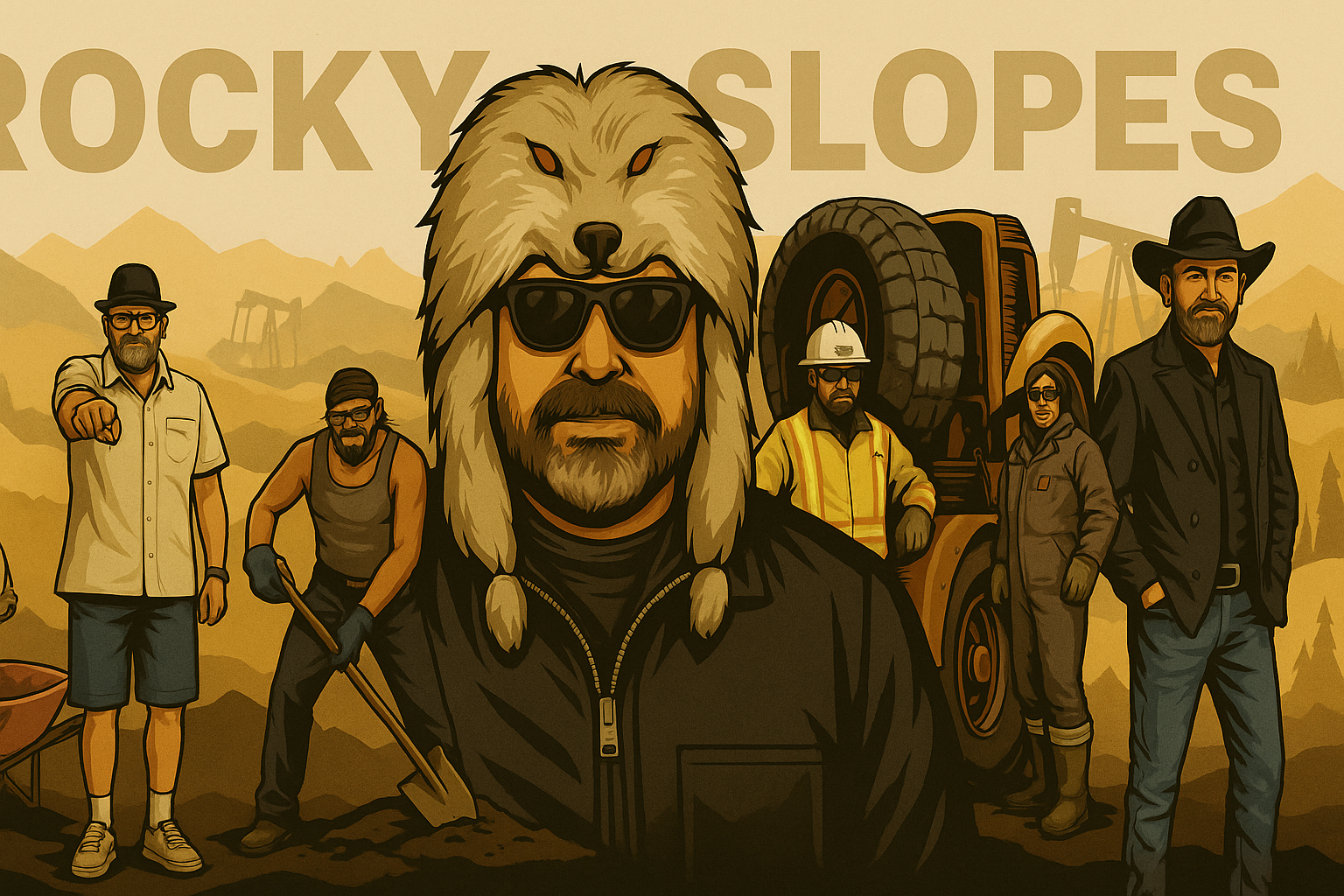 Illustration of several people dressed as construction workers and explorers in a mountainous, Rocky Slope landscape with oil drilling rigs in the background, featuring a large central figure wearing a furry animal hat with sunglasses, with others standing around him.
