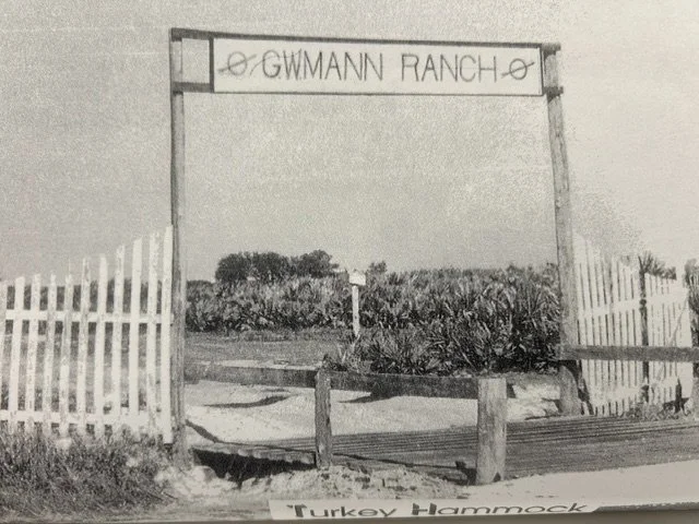 Archival photograph of the G. W. Mann Ranch entrance gate at Turkey Hammock