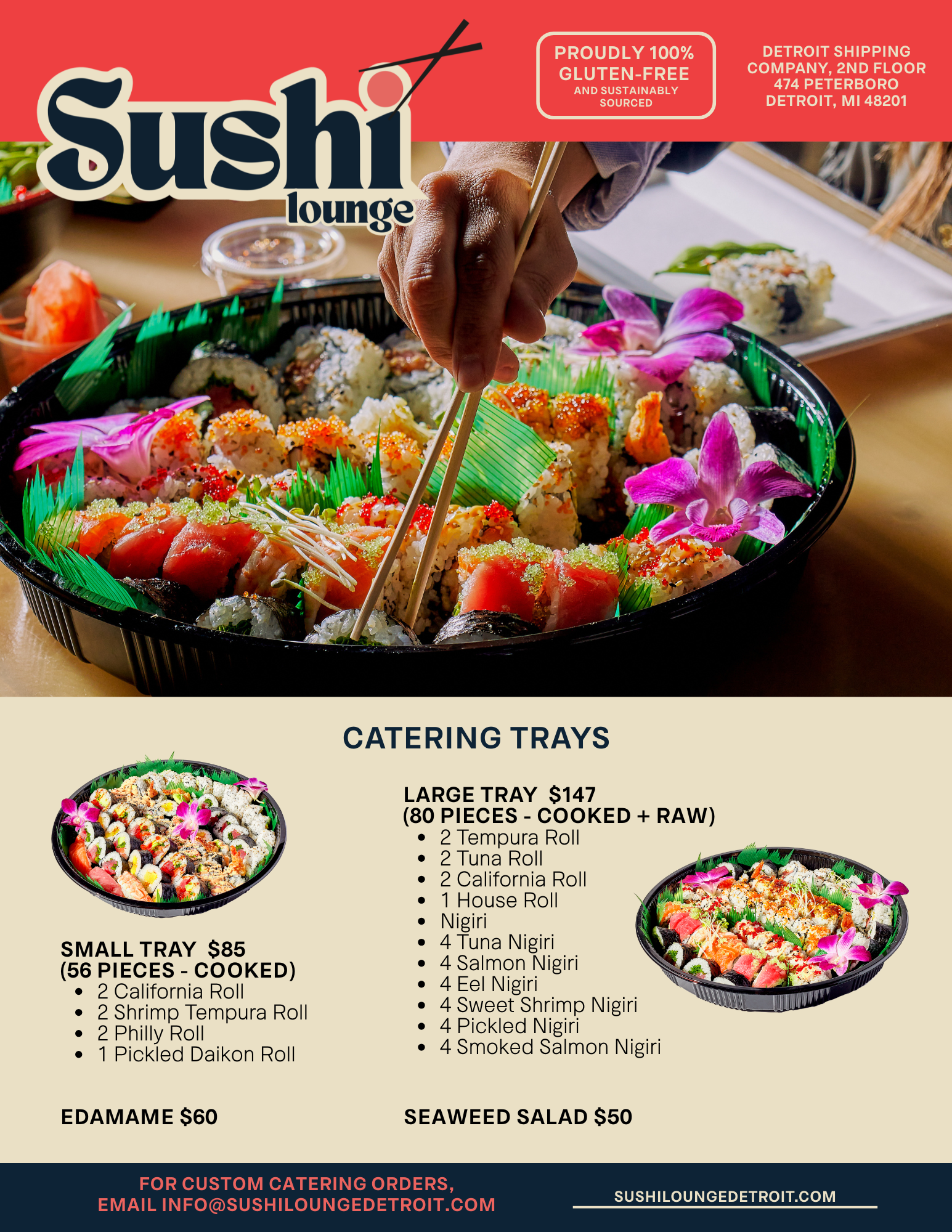 Menu flyer for Sushi Lounge displaying catering trays, including large and small sushi trays, edamame, and seaweed salad, with a background image of sushi rolls and a hand using chopsticks.