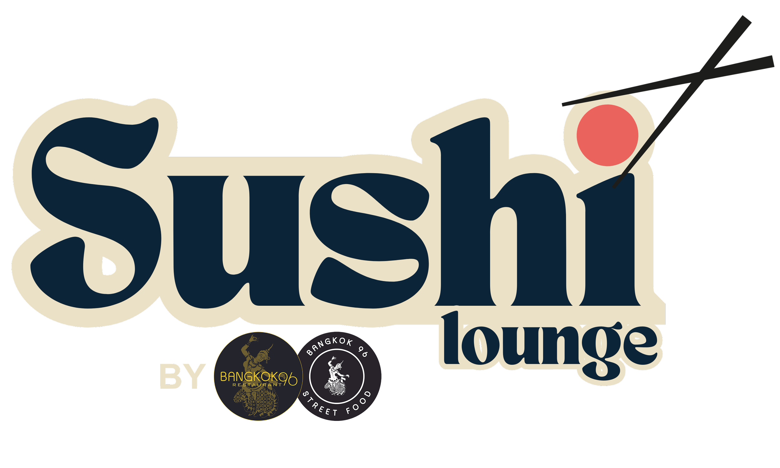 Sushi Lounge logo with a red circle and black and gold logos of Bangkok 96 restaurant and Bangkok 96 Street Food.