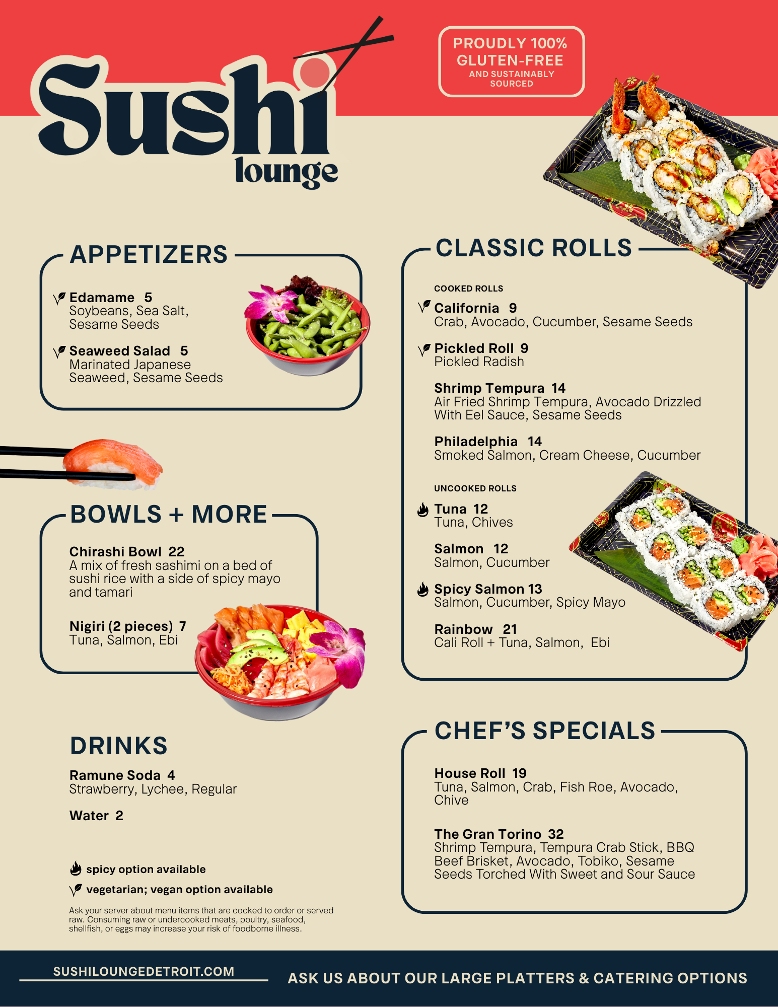 Sushi Lounge restaurant menu featuring appetizers, classic rolls, bowls, drinks, and chef's specials, with images of sushi rolls and a bowl of sashimi.