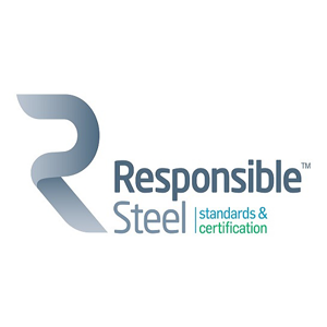 Logo for Responsible Steel with a stylized R and text indicating standards and certification