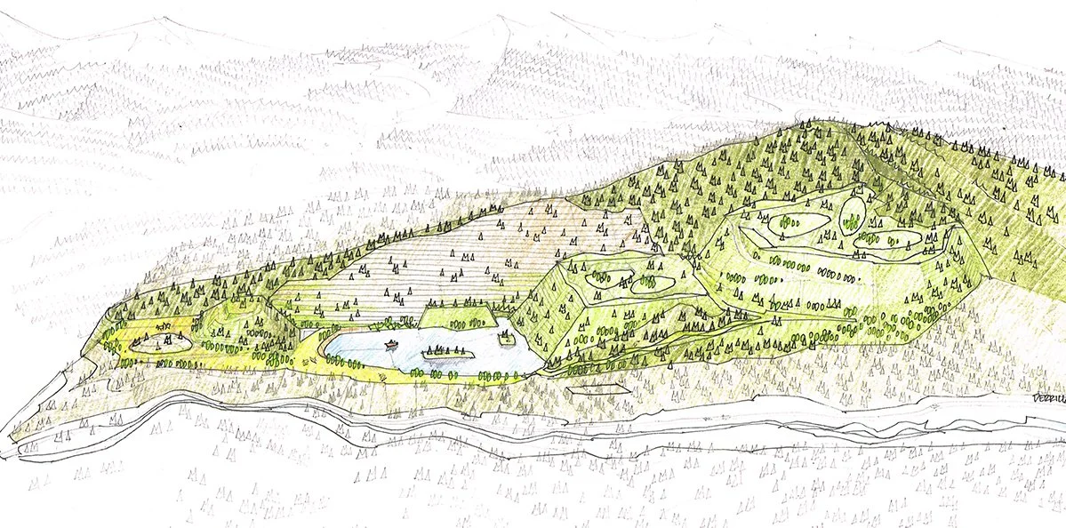 A hand-drawn sketch of a landscape with a lake, boat, and surrounding green hills and trees showing the air quality protection plans.