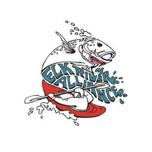 A cartoon illustration of a fish jumping out of water, with a surfboard and the text "Elk River Alley & Lounge" integrated into the design.