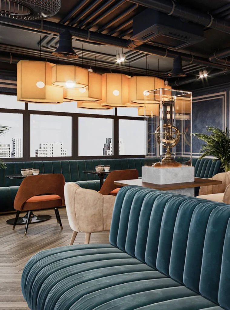 Modern restaurant interior with plush velvet seating, wooden tables, decorative lighting, and a display case with a globe sculpture, large windows showing city buildings, and plants.