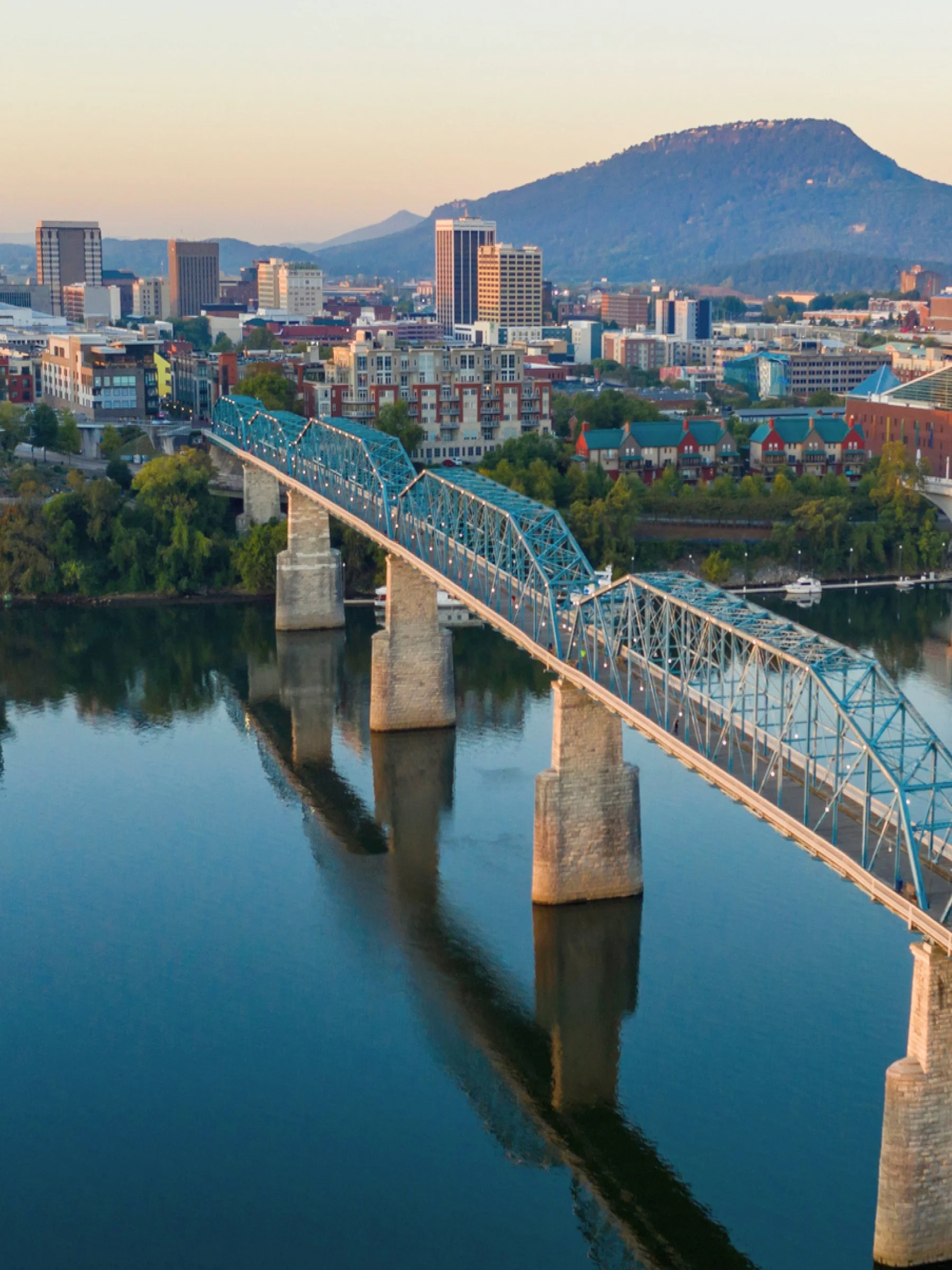 Chattanooga City Scape with bridge in the foreground and mountains in the distance