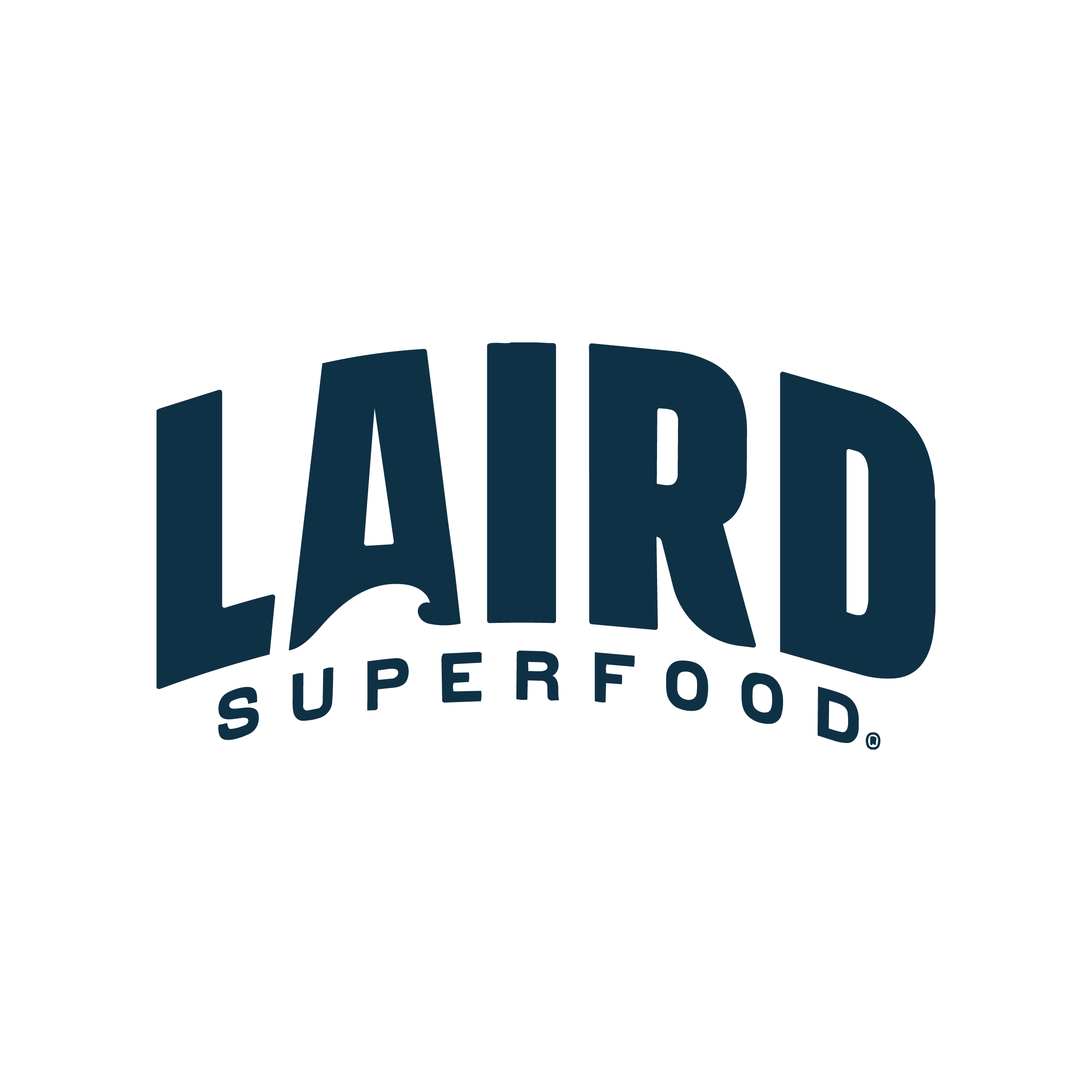 Laird Superfood logo in dark blue on a black background.