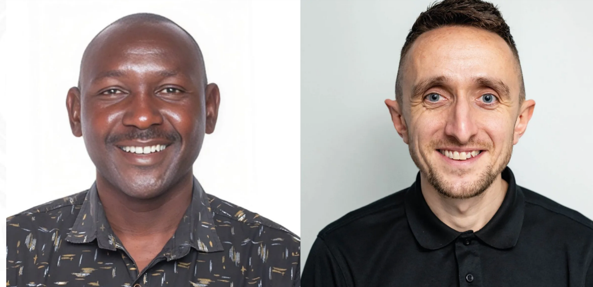 Side-by-side portraits of two smiling men. The man on the left has dark skin, is bald, and is wearing a patterned dark shirt. The man on the right has fair skin, short dark hair, and is wearing a black collared shirt.
