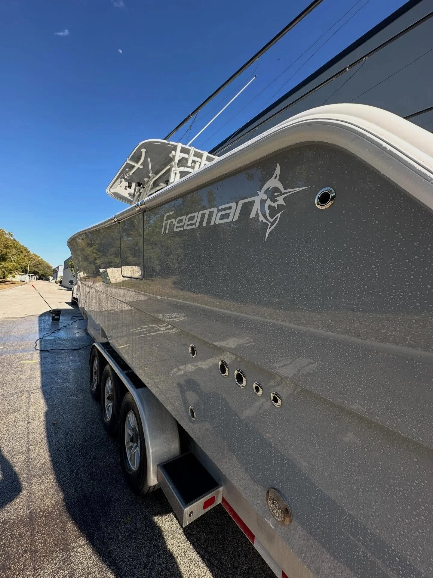 This beaut got @starkeyachtcare replenish and a full detailed wash including inside hatches, gutter tracks, and bildge. We treated all water spots throughout the whole boat and replenished the ceramic coating for another summer! This boat is one of m