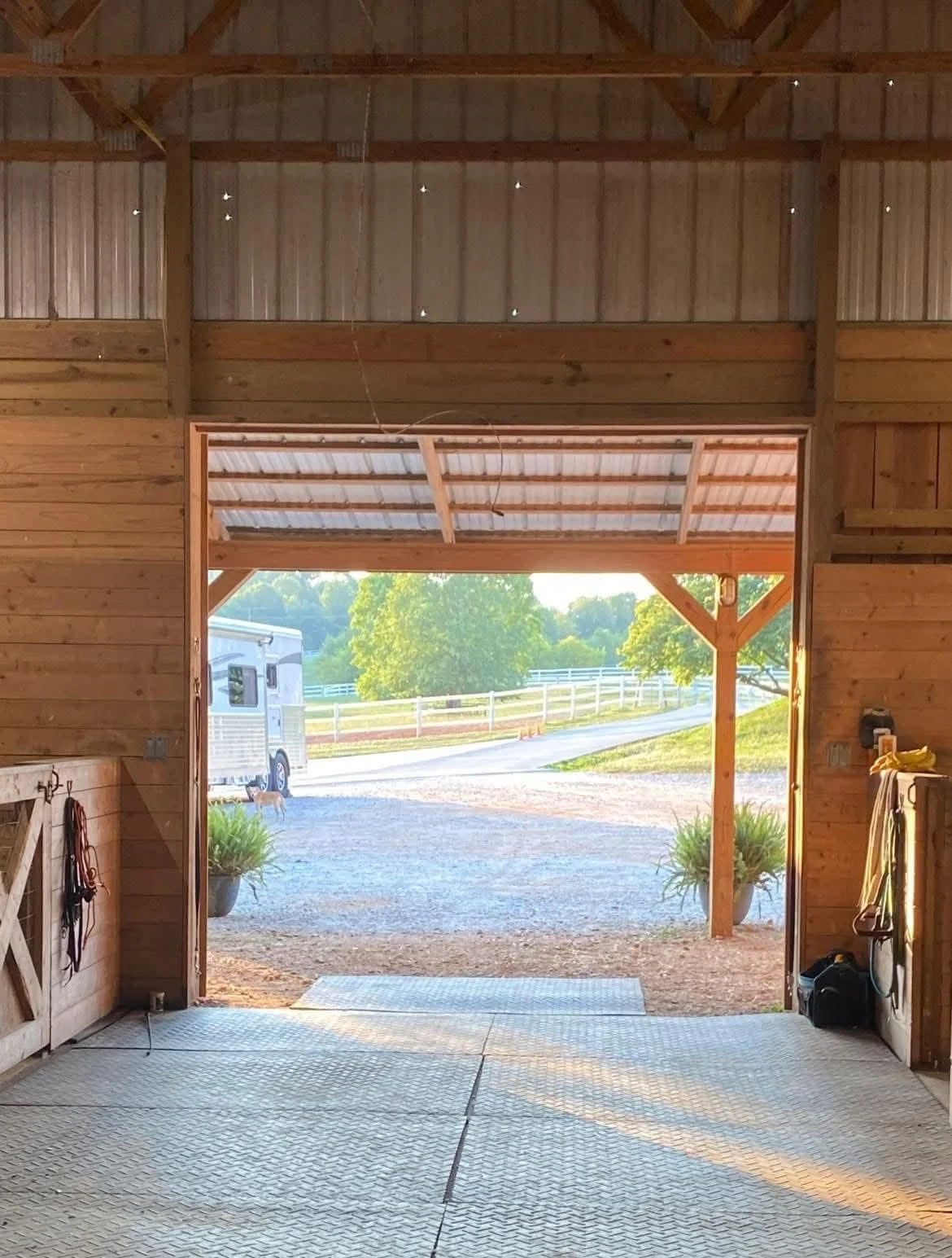 View from inside a horse barn looking out through an open door to a gravel driveway, a horse trailer, greenery, and a white fence in the background.